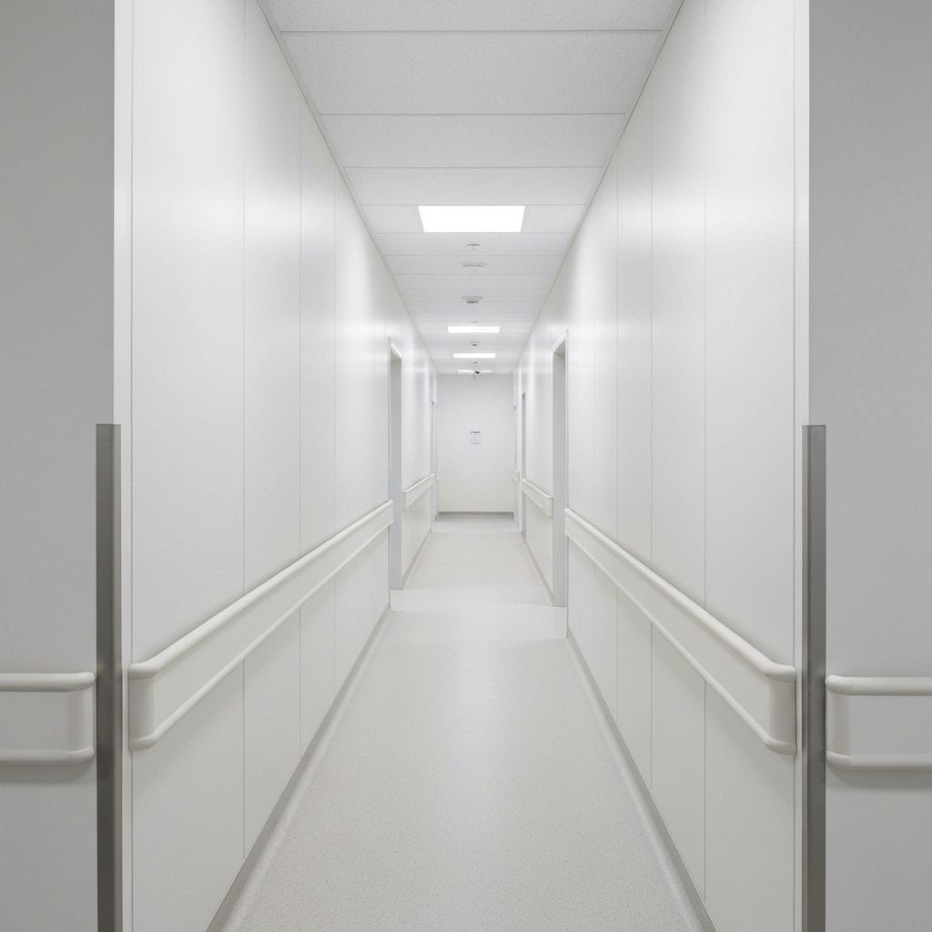 Healthcare facility corridor with antimicrobial hygienic cladding, infection control surfaces, and HTM 64 compliance
