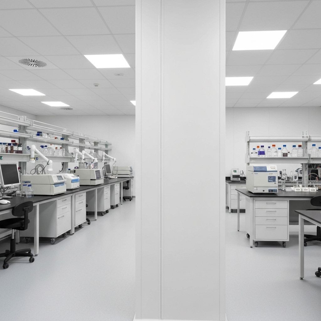 Research laboratory with chemical-resistant hygienic cladding and scientific equipment